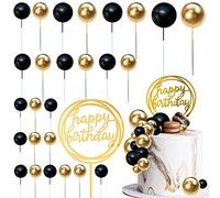 Colorful Balls Cake Topper Pearl Balls Cake Topper Happy Birthday Cake Insert Pick DIY Pile Up Insert for Wedding Birthday Party Baby Shower Cake Decoration (Black and Gold)