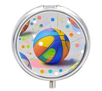 Colorful Basketball Pill Box - 3 Compartment Travel Pill Organizer with Small Mirror, Portable Pillcase for Pocket & Purse, Cute Round Medicine Case, Weekly Medicine Container