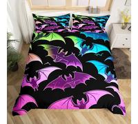 Colorful Bat Print Duvet Cover Double Happy Halloween Bedding Set, Rainbow Gradient Comforter Cover Festival Present Bed Set for Kids Boys Girls, Wild Animal Bedroom Set