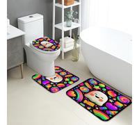 Colorful Bathroom Mat Sets 3 Piece, Fanciful Rainbow Shapes Absorbent Non Slip Toilet Rugs U Shaped Washable, Fun Pattern Quick Dry Memory Foam Bathroom Rug Set