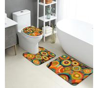 Colorful Bathroom Mat Sets 3 Piece, Retro Circles Pattern Absorbent Non Slip Toilet Rugs U Shaped Washable, Modern Quick Dry Flannel Bathroom Rug Set