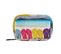 Colorful Beach Flip Flops at Ocean Beach Sunny Day Pill Case with Removable Internal Plastic Boxes Organizer, Small Medicine Bag Holder Zippered Carrier for Travel Storage Container