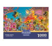 Colorful Beach Houses Jigsaw Puzzles Puzzle for Adults Kids. 1000 Pieces Palm Trees Sunset Great Gifts Challenge Toy Educational Game Home Decoration for Educational Games Gifts 70x50cm/1000pcs