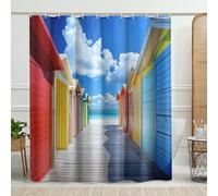 Colorful Beach Hut Shower Curtain, Vibrant Coastal Design for Bathroom Decor, Summer Inspired Waterproof Fabric Shower Curtain Set with Hooks 62x72 Inch