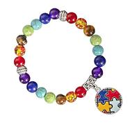 Colorful Beaded Lace Autism Awareness 7 Chakra Gemstone Bracelet Elastic Bracelet with Puzzle Piece Pendant Cross Love Heart Crystal Natural Stone Yoga Meditation Ribbon Round Cute Stretch Bracelet