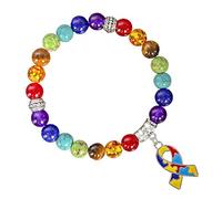 Colorful Beaded Lace Autism Awareness 7 Chakra Gemstone Bracelet Elastic Bracelet with Puzzle Piece Pendant Cross Love Heart Crystal Natural Stone Yoga Meditation Ribbon Round Cute Stretch Bracelet