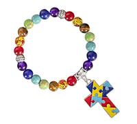 Colorful Beaded Lace Autism Awareness 7 Chakra Gemstone Bracelet Elastic Bracelet with Puzzle Piece Pendant Cross Love Heart Crystal Natural Stone Yoga Meditation Ribbon Round Cute Stretch Bracelet