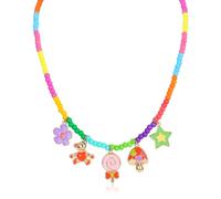 Colorful Beaded Necklace for Women Cute Peace Sign Charm Bohemian Rainbow Beads Hippie Pendant Choker Necklace Lollipop Flower Bear Mushroom Star Adjustable Handmade Boho Summer Beach Y2K Jewelry Gift