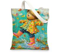 Colorful Bear Canvas Tote Bags, Cute Animal Pattern Reusable Grocery Bags, Fun Playful Lightweight Washable Shoulder Strap, Colorful, 13x15 Inch