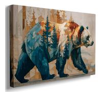 Colorful Bear Forest Wall Art Canvas Print, Abstract Wildlife Poster with Mountain Pine Trees for Living Room or Rustic Cabin Wall Decor 16x20in Wood Frame
