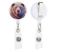 Colorful Bear Painting Retractable Badge Reel - Personalized ID Name Badge Holder with Lanyard Cute Badges Reel Holder Round Nurse Doctor Name Tag Badges Clip for Work