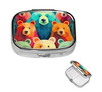 Colorful Bears Pill Box 2 Compartment Square Portable Pill Case for Pocket or Purse Pill Holder Weekly Pill Organizer Decorative Metal Medicine Vitamin Organizer Travel Gift