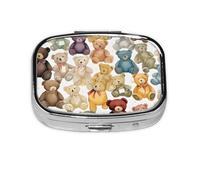 (Colorful Bears) Square Pill Box with 2 Compartment Small Pill Organizer Portable Pill Case Vitamin Containers, Travel Essentials 5.5x4x1.8 cm