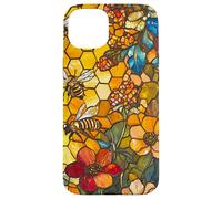 Colorful Bees Flying Over Honeycomb and Flowers Case for iPhone 15 Plus
