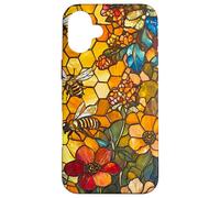 Colorful Bees Flying Over Honeycomb and Flowers Case for iPhone 16 Plus
