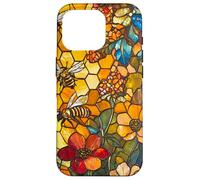 Colorful Bees Flying Over Honeycomb and Flowers Case for iPhone 16 Pro