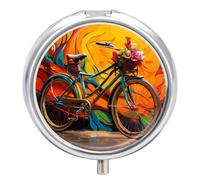 Colorful Bicycle Metal Pill Organizer, 3 Compartment Waterproof Pill Case with Mirror for Purse Pocket Bag, Daily Medicine Vitamin Holder, Portable Travel Med Container(Round)