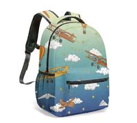 Colorful Biplane Print Backpack 16 Inch Vintage Airplane in Blue Sky Clouds Whimsical Retro Illustration Travel Daypack Rucksack (04)