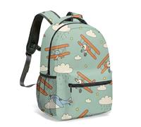 Colorful Biplane Print Backpack 16 Inch Vintage Airplane in Blue Sky Clouds Whimsical Retro Illustration Travel Daypack Rucksack (06)