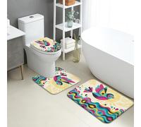 Colorful Bird Design Quick Dry Bath Mat, Vibrant Bohemian Abstract Non Slip Shower Rug, Spring Decorative Flannel Washable Bath Mats for Bathroom Toilet Restroom 3 Piece Sets