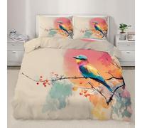 Colorful Bird Duvet Cover Single Cute Little Bird Bedding Set Flower Animal Comforter Set Wildlife Comforter Cover with Pillowcases for Bedroom