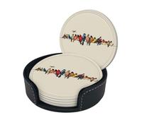 Colorful Bird Print Chic Round Leather Coasters â€“ Set Of 6 Full-Print Coasters In A Premium Pu Leather Storage Box