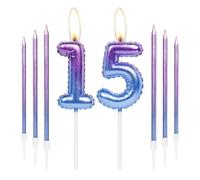 Colorful Birthday Candles Set, Number 15 Candes with 6Pcs Purple Blue Long Candles, Happy 15th Birthday Candles for Cake, Cake Candles for Girls Boys Birthday Party Decorations Wedding Anniversary
