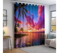 Colorful Blackout Curtains for Bedroom, Nature Sunset Island Palm Leaves Printed, Eyelet Soft & Energy Saving Privacy Protection Thermal Insulated Living Room Curtain Drapes 46 × 54 Inch 2 Panel