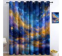 Colorful Blackout Eyelet Curtains, Fantasy Watercolor Stars Clouds Printed Thermal Insulated Room Darkening Curtains for Bedroom Baby Nursery Living Room, W 52" X L 84" (2 Panels)
