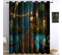 Colorful Blackout Eyelet Curtains, Fantasy Wooden Bridge House Trees Printed Thermal Insulated Room Darkening Curtains for Bedroom Baby Nursery Living Room, W 52" X L 84" (2 Panels)