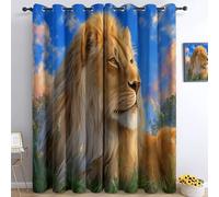 Colorful Blackout Eyelet Curtains, Nature Grass Animal Lion Printed Thermal Insulated Room Darkening Curtains for Bedroom Baby Nursery Living Room, W 52" X L 84" (2 Panels)