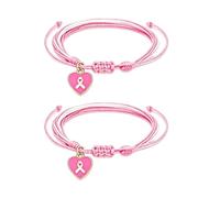 COLORFUL BLING 2Pcs Breast Cancer Awareness Pink Ribbon Heart Charm Bracelets Pink String Adjustable Braided Hope Support Wristband Jewelry for Women, Metal, alloy