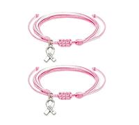 COLORFUL BLING 2Pcs Breast Cancer Awareness Pink Ribbon Heart Charm Bracelets Pink String Adjustable Braided Hope Support Wristband Jewelry for Women, Metal, alloy