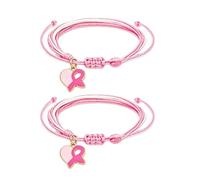 COLORFUL BLING 2Pcs Breast Cancer Awareness Pink Ribbon Heart Charm Bracelets Pink String Adjustable Braided Hope Support Wristband Jewelry for Women, Metal, alloy
