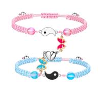 COLORFUL BLING 2Pcs Set Love Heart BFF Rope Adjustable Bracelet Daisy Yin Yang Butterfly Enamel Strand Wrap Best Friend Friendship Bracelet Split Heart Forever for Women Men, S, Metal, no gemstone
