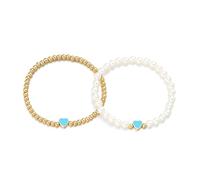 COLORFUL BLING 2Pcs/Set Sweet Heart Double Layer Bracelet Pearl Stretch Bracelet Gold Beads Adjustable Bracelet Set Jewelry for Women, Metal, alloy