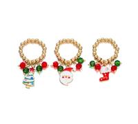 COLORFUL BLING 3Pcs Christmas Beaded Stretch Rings, Stackable Finger Rings with Santa Reindeer Christmas Tree Jingle Bells, Festive Holiday Party Jewelry Set