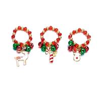 COLORFUL BLING 3Pcs Christmas Beaded Stretch Rings, Stackable Finger Rings with Santa Reindeer Christmas Tree Jingle Bells, Festive Holiday Party Jewelry Set