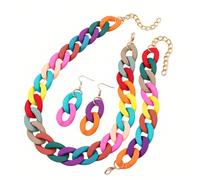 COLORFUL BLING 3Pcs Jewelry Set Acrylic Chunky Necklace for Women Hip Hop Multicolor Chunky Bracelet Earrings for Women & Friend Macaron Colors Jewelry Set for Gift,Colorful