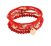 COLORFUL BLING 5Pcs Boho Stackable Beaded Bracelets for Women Multilayered Gold Round Pendant Charm Crystal Bracelets Handmade Bohemian Jewelry for Women Friend,Red