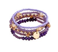 COLORFUL BLING 5Pcs Boho Stackable Beaded Bracelets for Women Multilayered Gold Round Pendant Charm Crystal Bracelets Handmade Bohemian Jewelry for Women Friend,Purple