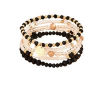 COLORFUL BLING 5Pcs Boho Stackable Beaded Bracelets for Women Multilayered Gold Round Pendant Charm Crystal Bracelets Handmade Bohemian Jewelry for Women Friend,Black