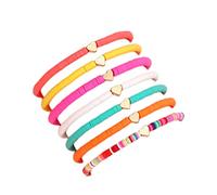 COLORFUL BLING 6Pcs/Pack Gold Beaded Bracelet Rainbow Vinyl Disc Ball Srting Stretch Heart Shaped Bracelets Cuff Bangle Set for Women Girls Jewelry, beads, bead