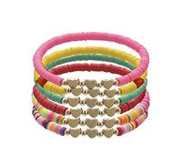 COLORFUL BLING 6Pcs/Pack Gold Beaded Bracelet Rainbow Vinyl Disc Ball Srting Stretch Heart Shaped Bracelets Cuff Bangle Set for Women Girls Jewelry, beads, bead