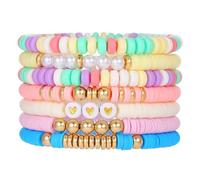COLORFUL BLING 6Pcs/Pack Gold Beaded Bracelet Rainbow Vinyl Disc Ball Srting Stretch Heart Shaped Bracelets Cuff Bangle Set for Women Girls Jewelry, 7.1 inches, beads, bead