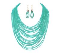 COLORFUL BLING African Multicolor Layered Chunky Bib Necklace for Women Tassel Wax Line Choker with Earrings Statement Jewelry Set, synthetic-fiber Metal, wax