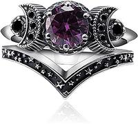 COLORFUL BLING Amethyst Triple Godness Moon Band Ring Set Purple Crystal Wicca Pagan Cresent for Women Wedding Engagement Promise Jewelry, Crystal Metal, Crystal