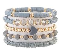 COLORFUL BLING Beaded Bracelets for Women 5Pcs Boho Heart Pendant Stackable Bracelet for Women Men Friend Couple Summer Beach Jewelry,Grey
