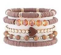 COLORFUL BLING Beaded Bracelets for Women 5Pcs Boho Heart Pendant Stackable Bracelet for Women Men Friend Couple Summer Beach Jewelry,Brown