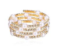 COLORFUL BLING Chunky Imitation Pearl Bracelet for Women Multi Row Layered Crystal Rhinestone Stackable Wrap Open Cuff Bangle Bridal Wedding Jewelry, Metal, Rhinestone